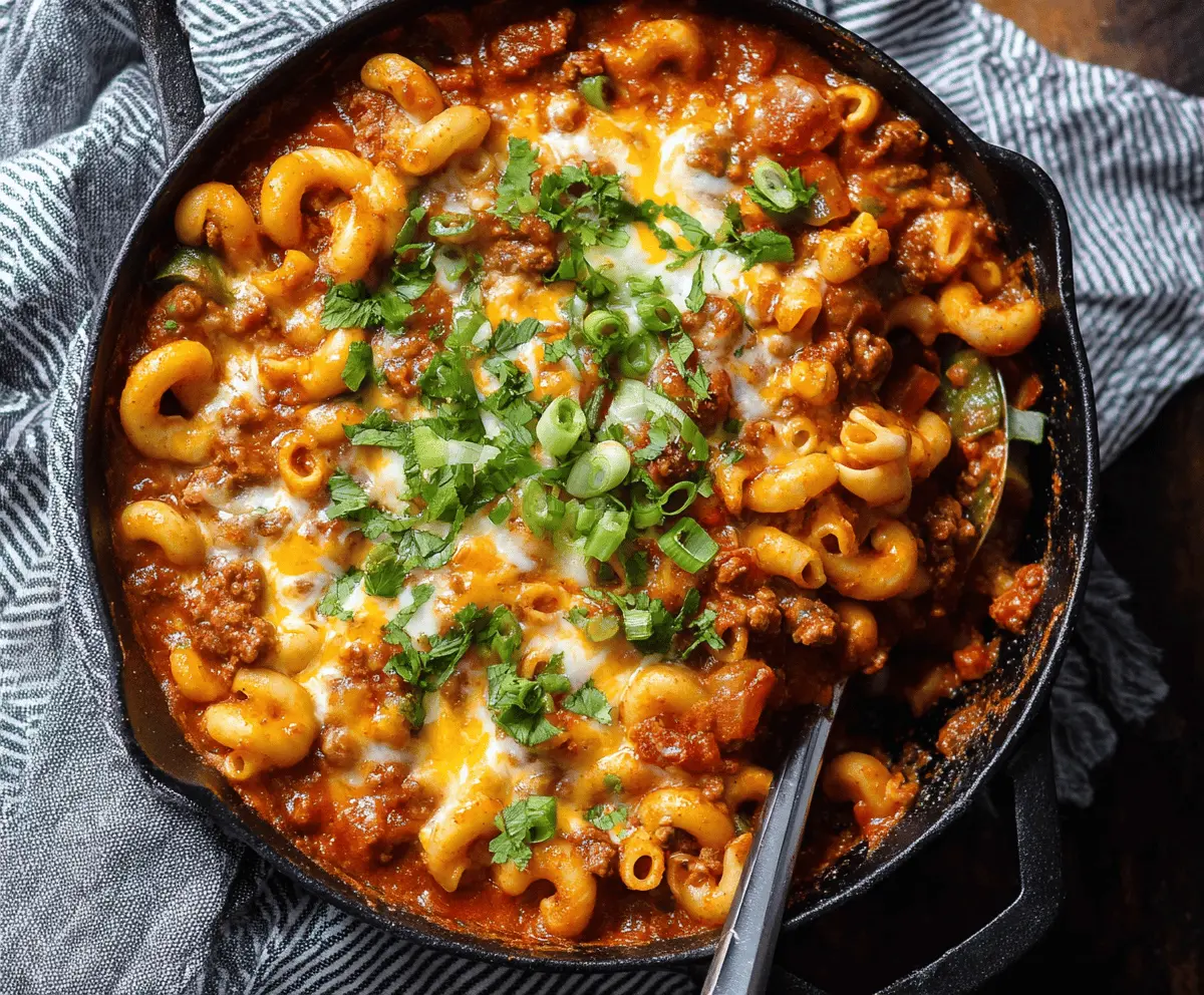 Creamy and hearty One Pot Chili Mac and Cheese in a skillet, featuring cheesy pasta topped with flavorful chili and fresh herbs
