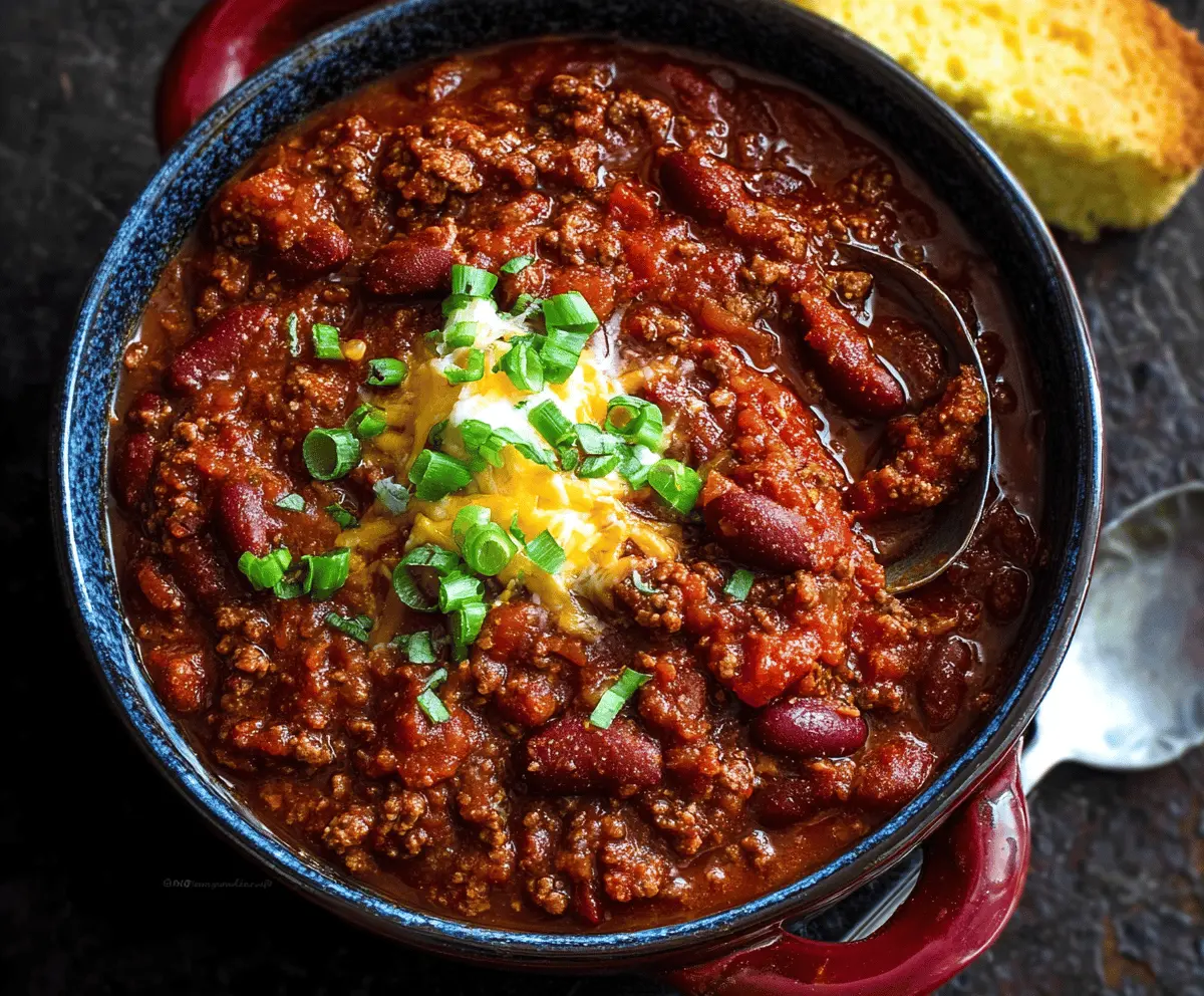 Hearty one-pot chili served in a bowl with toppings, perfect for a quick and flavorful meal
