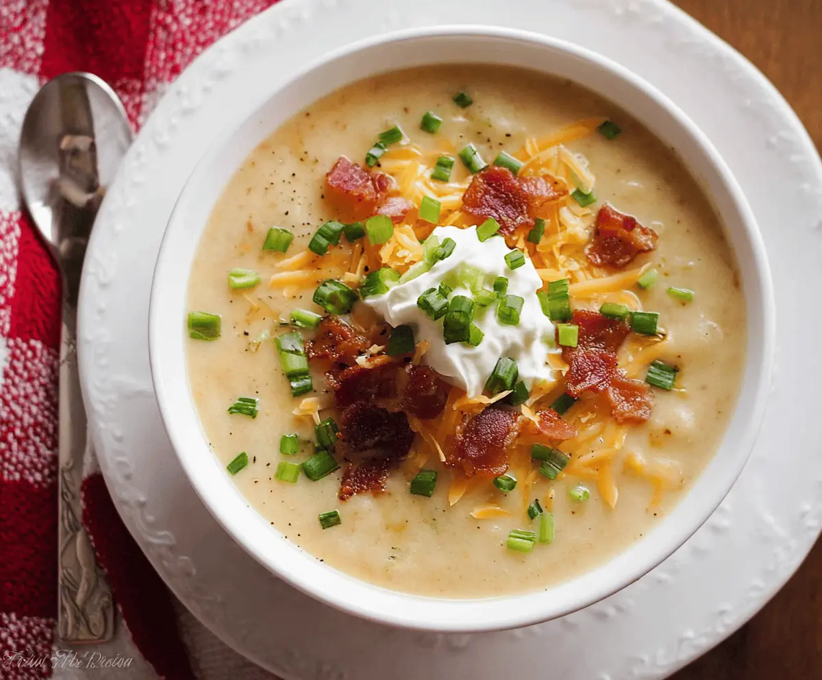 Creamy one-pot potato soup garnished with fresh herbs in a rustic bowl, perfect for a comforting, easy-to-make meal