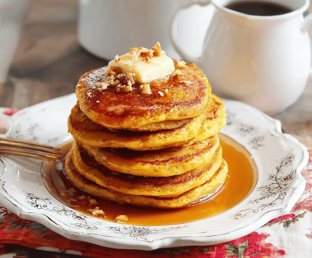 Delicious Pioneer Woman Pumpkin Pancakes topped with whipped cream and cinnamon, served on a plate with fresh pumpkin slices and syrup for a cozy fall breakfast.