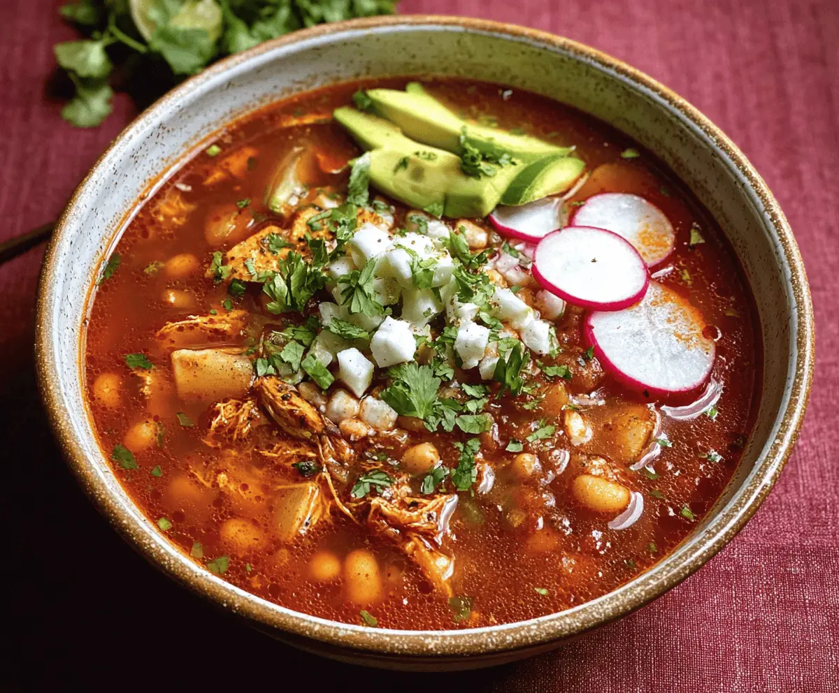 A steaming bowl of traditional Pozole (Posole) Soup topped with shredded chicken, fresh radishes, chopped lettuce, lime wedges, and crunchy tostadas, served in a rustic ceramic bowl.