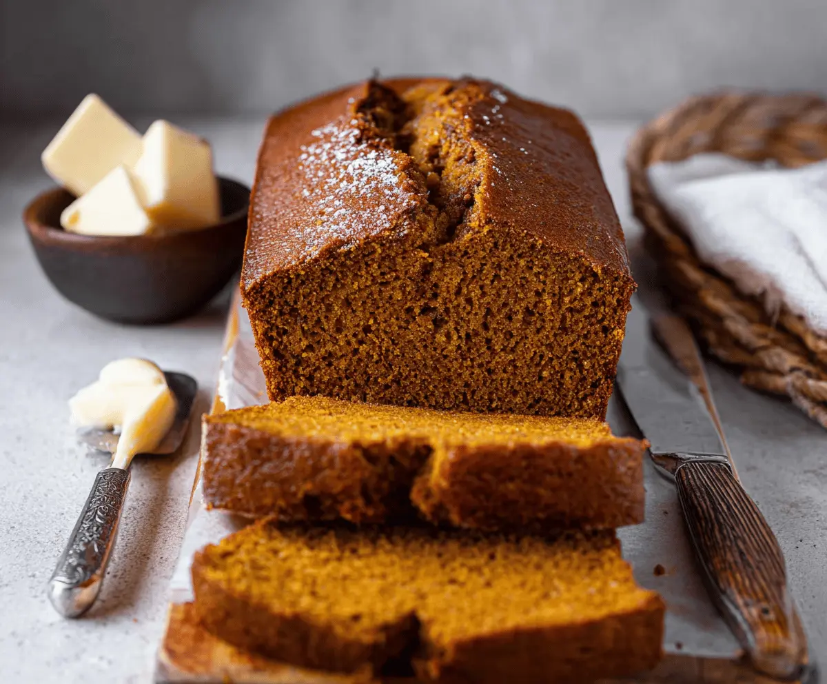 Delicious homemade pumpkin bread sliced and ready to enjoy, featuring a moist texture and warm autumn flavors.