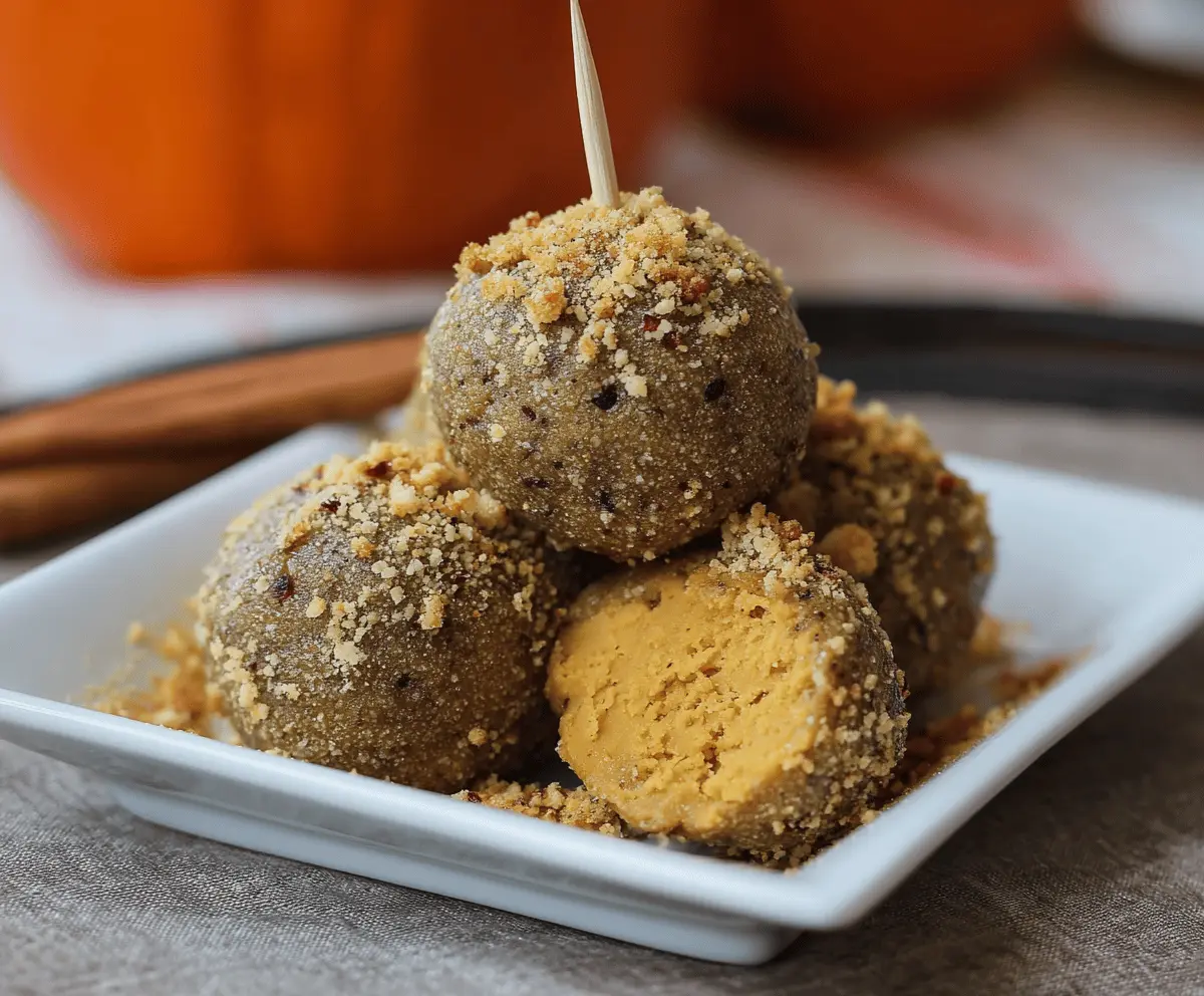 Delicious pumpkin cheesecake protein balls on a white plate, featuring a creamy pumpkin filling and crunchy exterior, perfect for healthy snacking.
