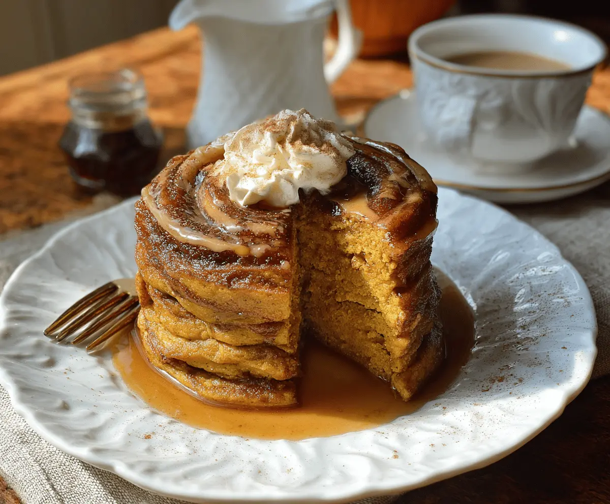 Delicious pumpkin cinnamon roll pancakes topped with cream cheese frosting, perfect for fall breakfast or brunch.