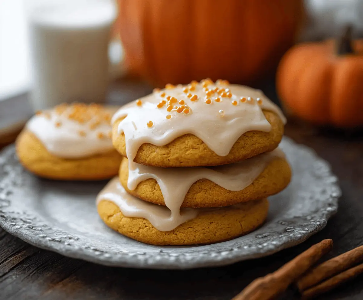 Delicious pumpkin frosted cookies topped with creamy orange frosting and sprinkles, perfect for fall treats and holiday baking.