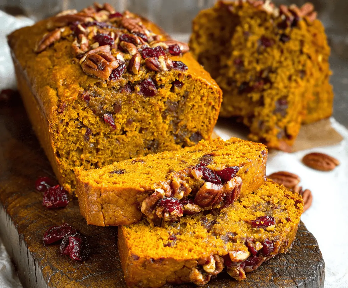 Slice of homemade Pumpkin Pecan Cranberry Bread topped with toasted pecans and fresh cranberries on a rustic wooden table