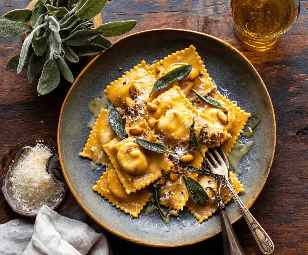 Delicious pumpkin ravioli topped with browned butter and fresh sage leaves on a white plate, showcasing a flavorful autumn-inspired Italian dish.