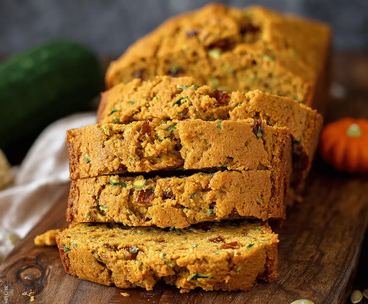 Delicious homemade pumpkin zucchini bread topped with walnuts and cinnamon, sliced and ready to enjoy