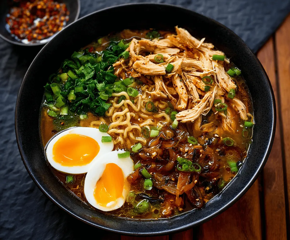 A steaming bowl of ramen chicken noodle soup with sliced chicken, soft boiled eggs, green onions, and vegetables in a savory broth.