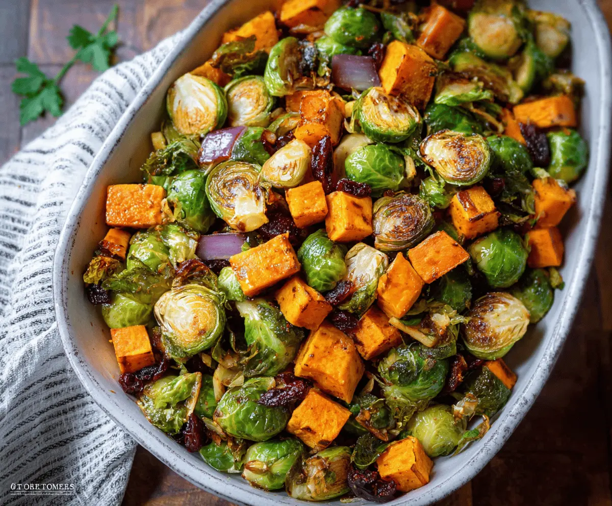 Delicious roasted Brussels sprouts and sweet potatoes served on a white plate, highlighting a healthy and flavorful vegetarian dish.