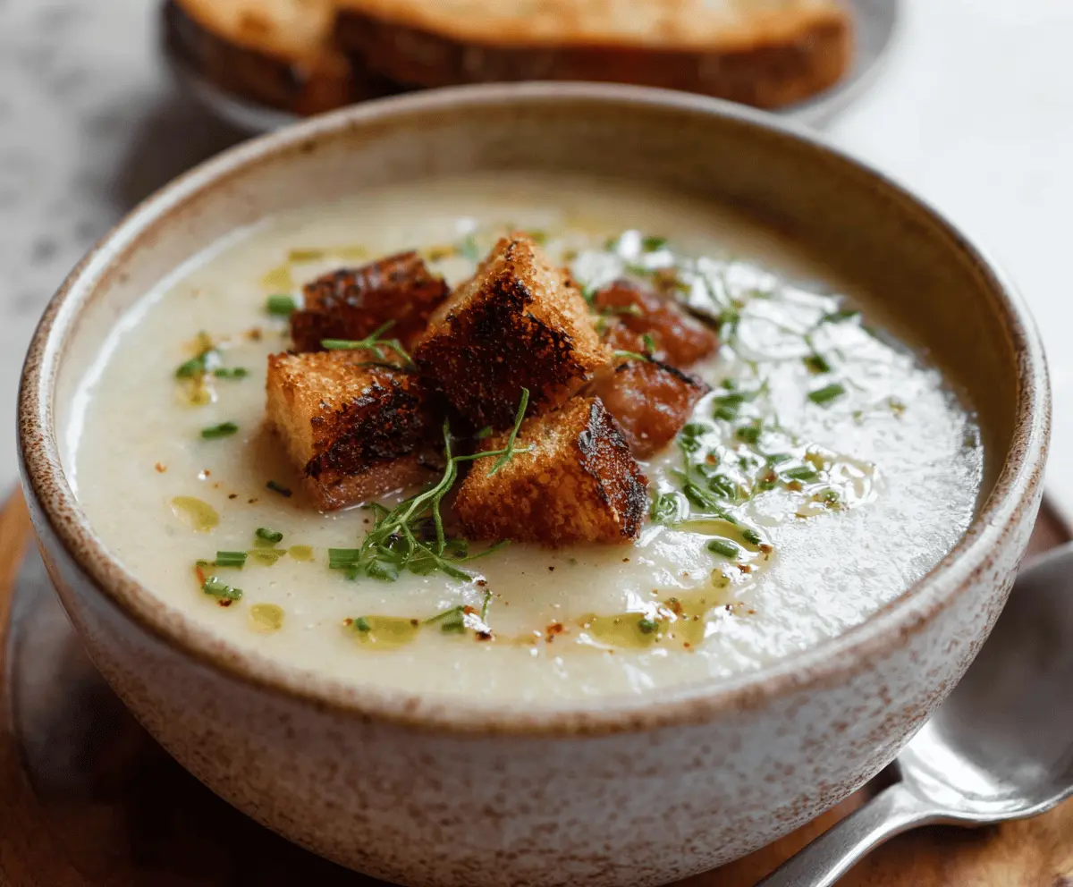 Creamy roasted garlic potato soup served in a bowl garnished with fresh herbs and a drizzle of cream, perfect for a comforting meal.