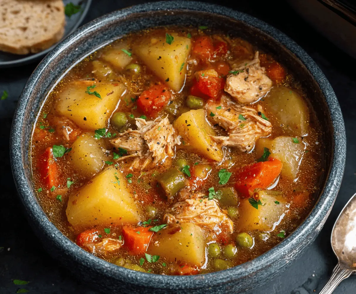 Delicious slow cooker chicken stew with tender chicken, vegetables, and herbs in a savory broth, perfect for cozy meals