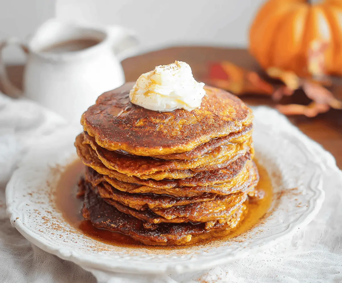 Delicious fluffy sourdough pumpkin pancakes topped with whipped cream and cinnamon on a rustic plate, perfect for fall breakfast