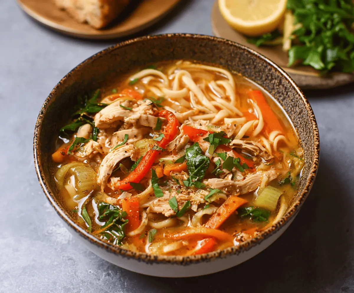 A steaming bowl of spicy chicken noodle soup with tender chicken, fresh vegetables, and flavorful broth garnished with herbs and sliced chilies.