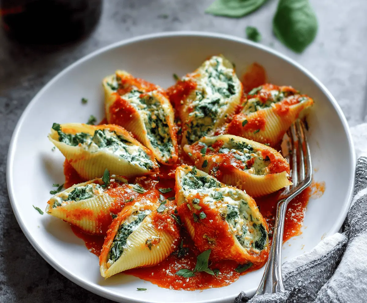 Delicious spinach and ricotta stuffed pasta shells topped with melted cheese, ready to serve as a savory Italian main dish.