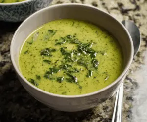 Creamy spinach and potato soup served in a bowl, garnished with fresh herbs and a dollop of sour cream, perfect for a warm, healthy meal.