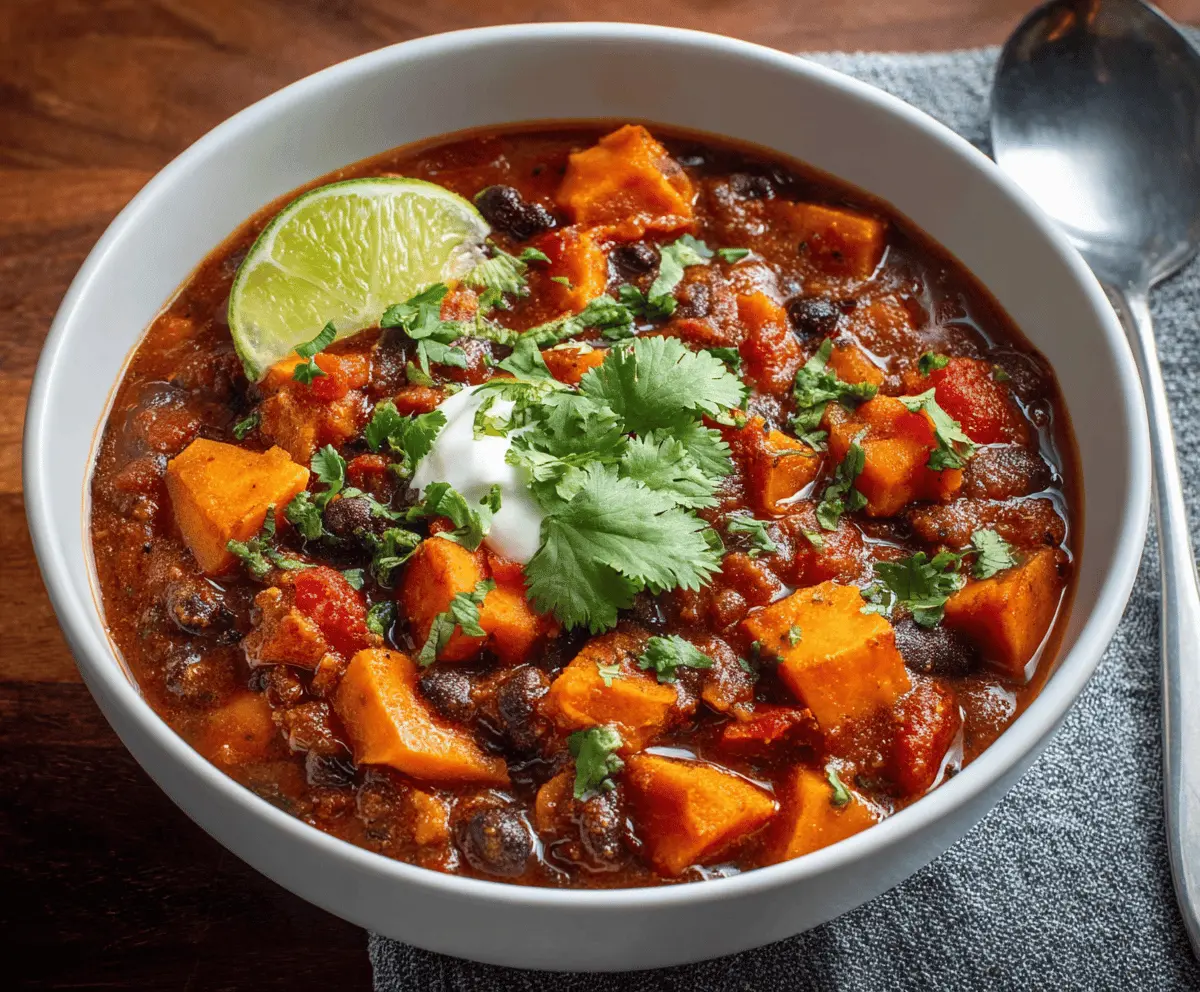 A bowl of hearty sweet potato chili topped with fresh herbs and diced vegetables, served with crusty bread on a rustic wooden table.