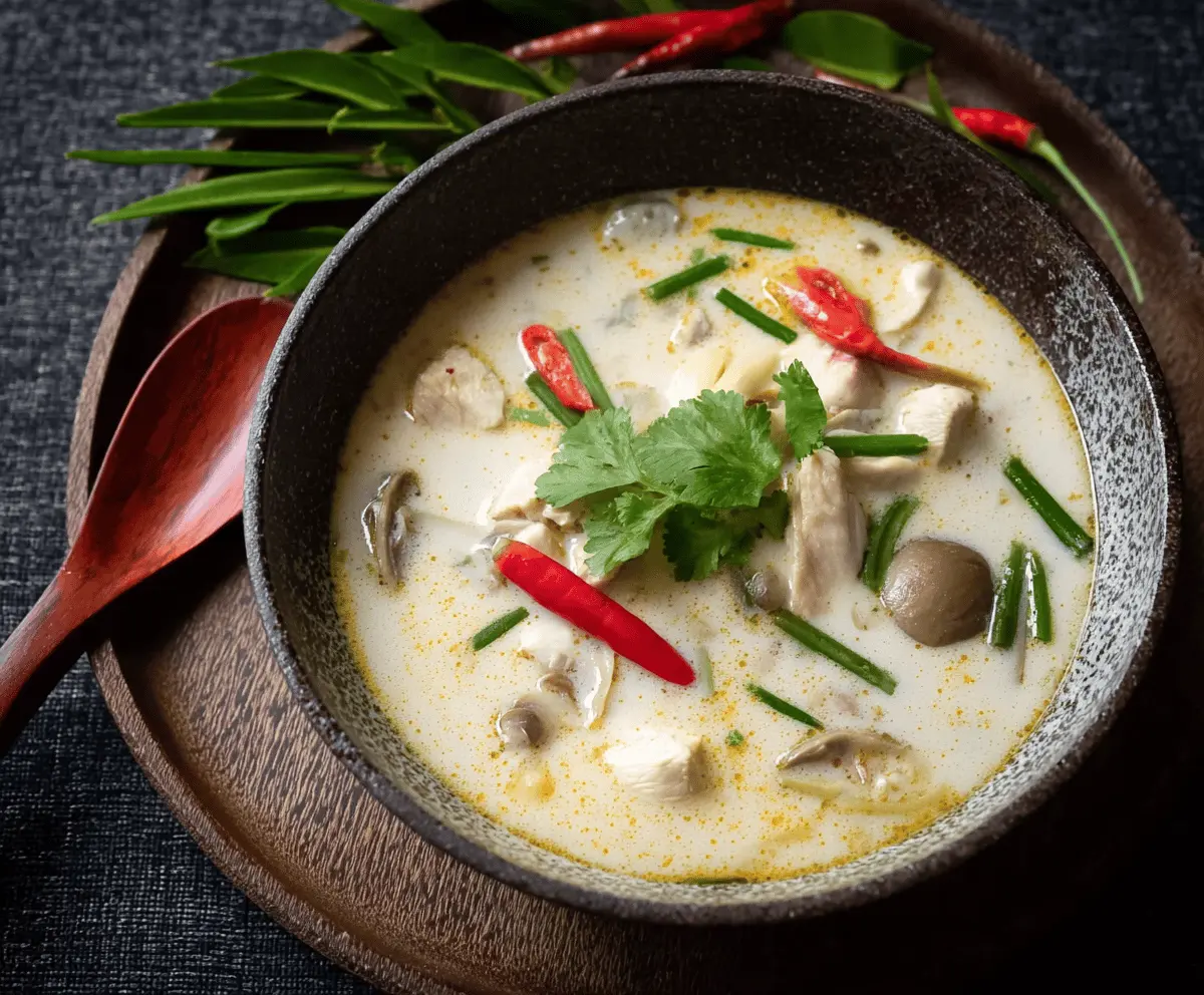 Creamy Tom Kha Gai soup with chicken, fresh herbs, and coconut milk in a bowl, garnished with lime and chili peppers.