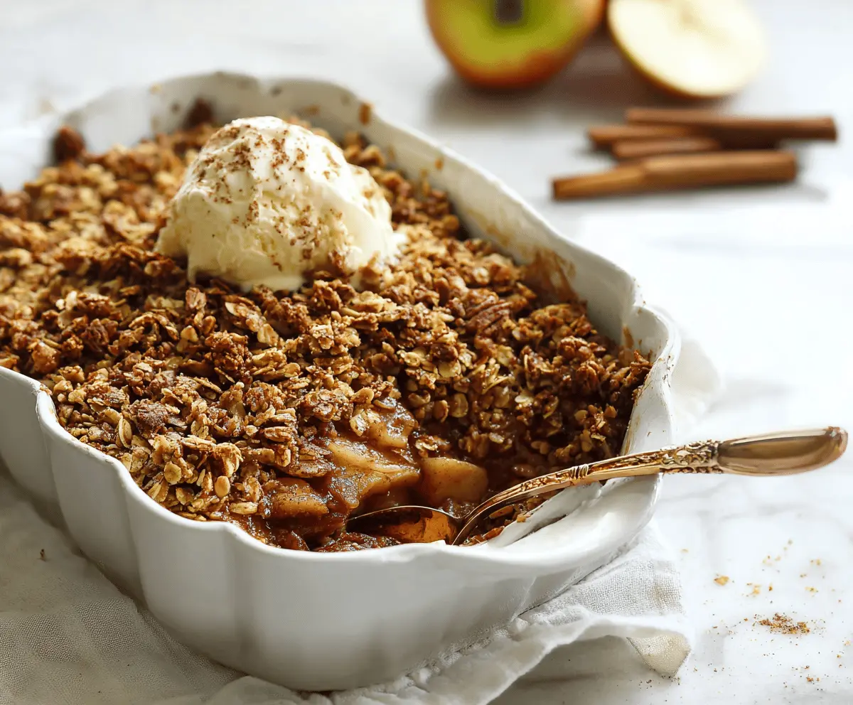 Delicious homemade vegan apple crisp topped with cinnamon and oats, served in a bowl on a rustic wooden table.