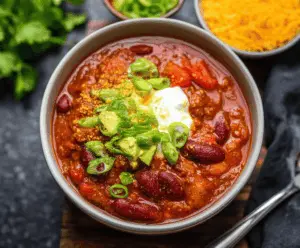 Hearty vegan chili in a bowl topped with fresh herbs and diced vegetables, perfect for a healthy plant-based meal.