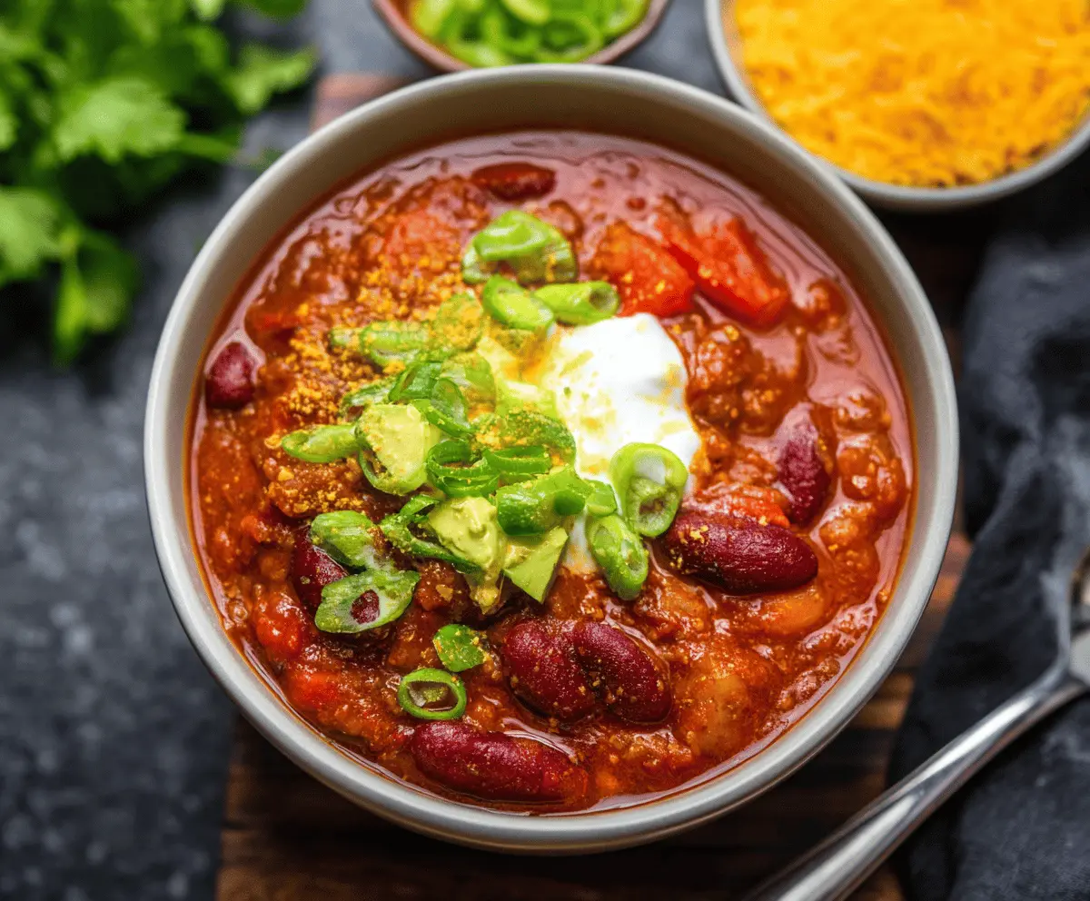 Hearty vegan chili in a bowl topped with fresh herbs and diced vegetables, perfect for a healthy plant-based meal.