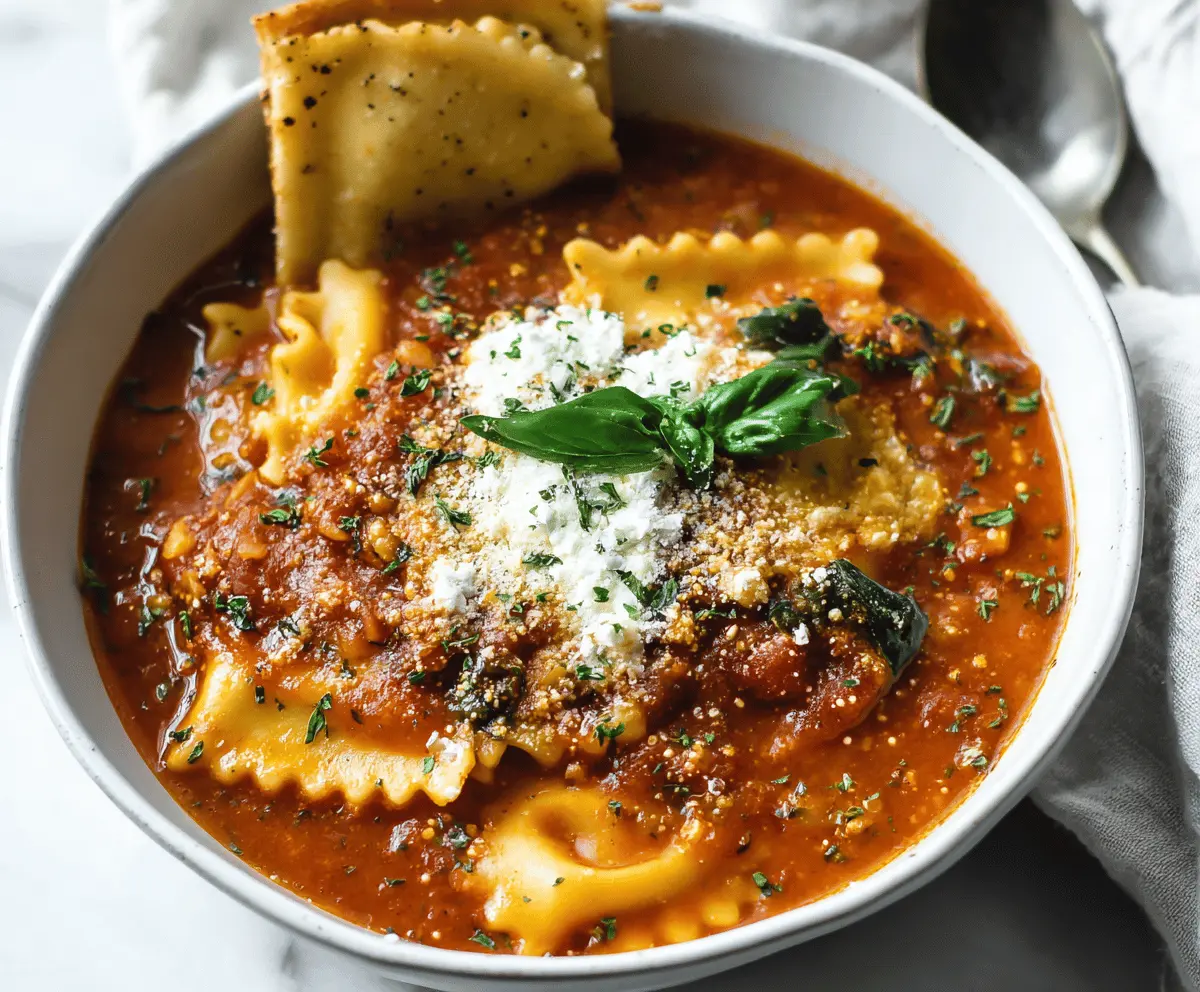 Vegan Lasagna Soup in a bowl topped with fresh basil and melted plant-based cheese, featuring layers of tomato sauce, pasta, and colorful vegetables.
