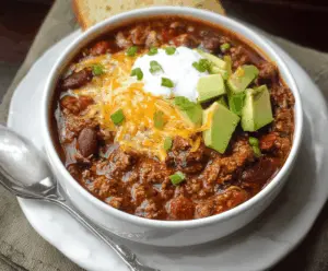 Spicy venison chili topped with shredded cheese and fresh herbs in a bowl, served with corn bread on the side