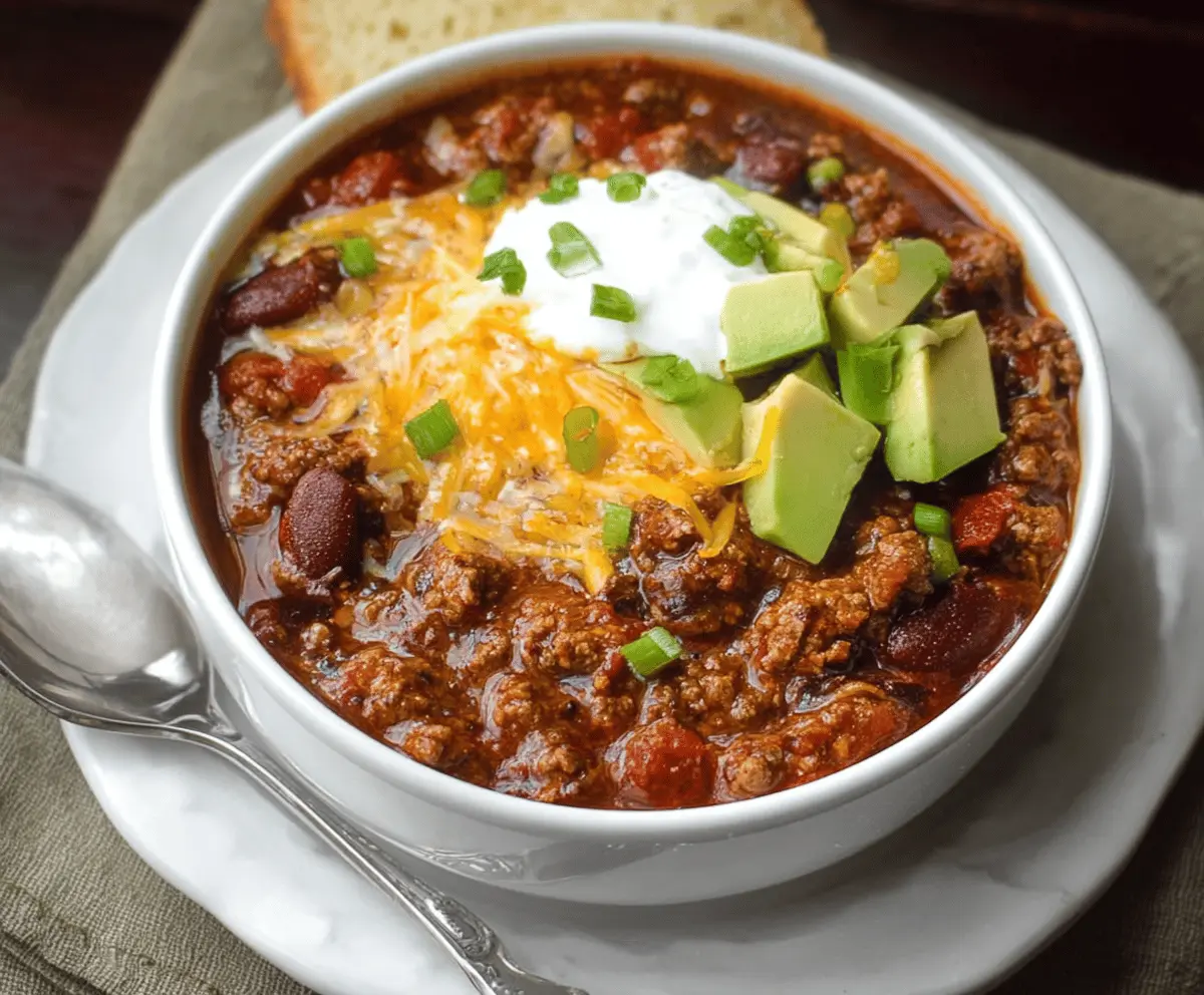 Spicy venison chili topped with shredded cheese and fresh herbs in a bowl, served with corn bread on the side