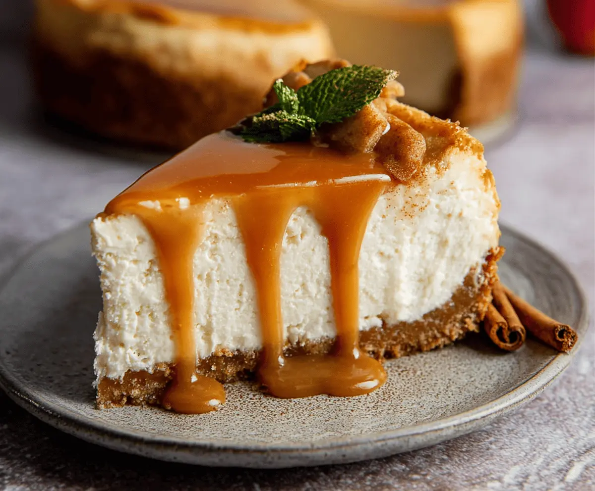 Creamy apple cider cheesecake topped with caramelized apples and a graham cracker crust, perfect for fall desserts.