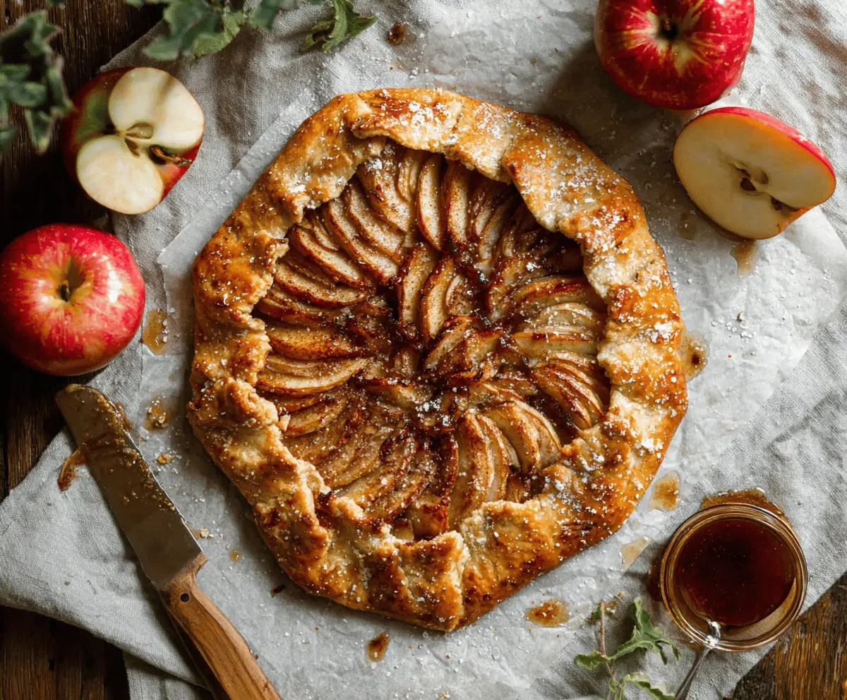 Delicious homemade apple galette with flaky crust and caramelized apple slices, served on a rustic wooden surface