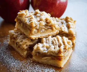 Delicious homemade apple pie bars with golden crust and cinnamon-spiced apple filling on a rustic wooden surface.