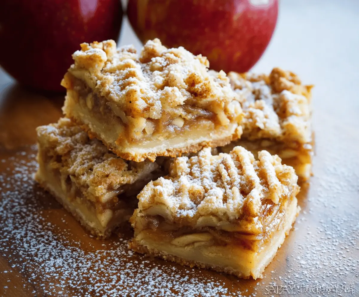 Delicious homemade apple pie bars with golden crust and cinnamon-spiced apple filling on a rustic wooden surface.