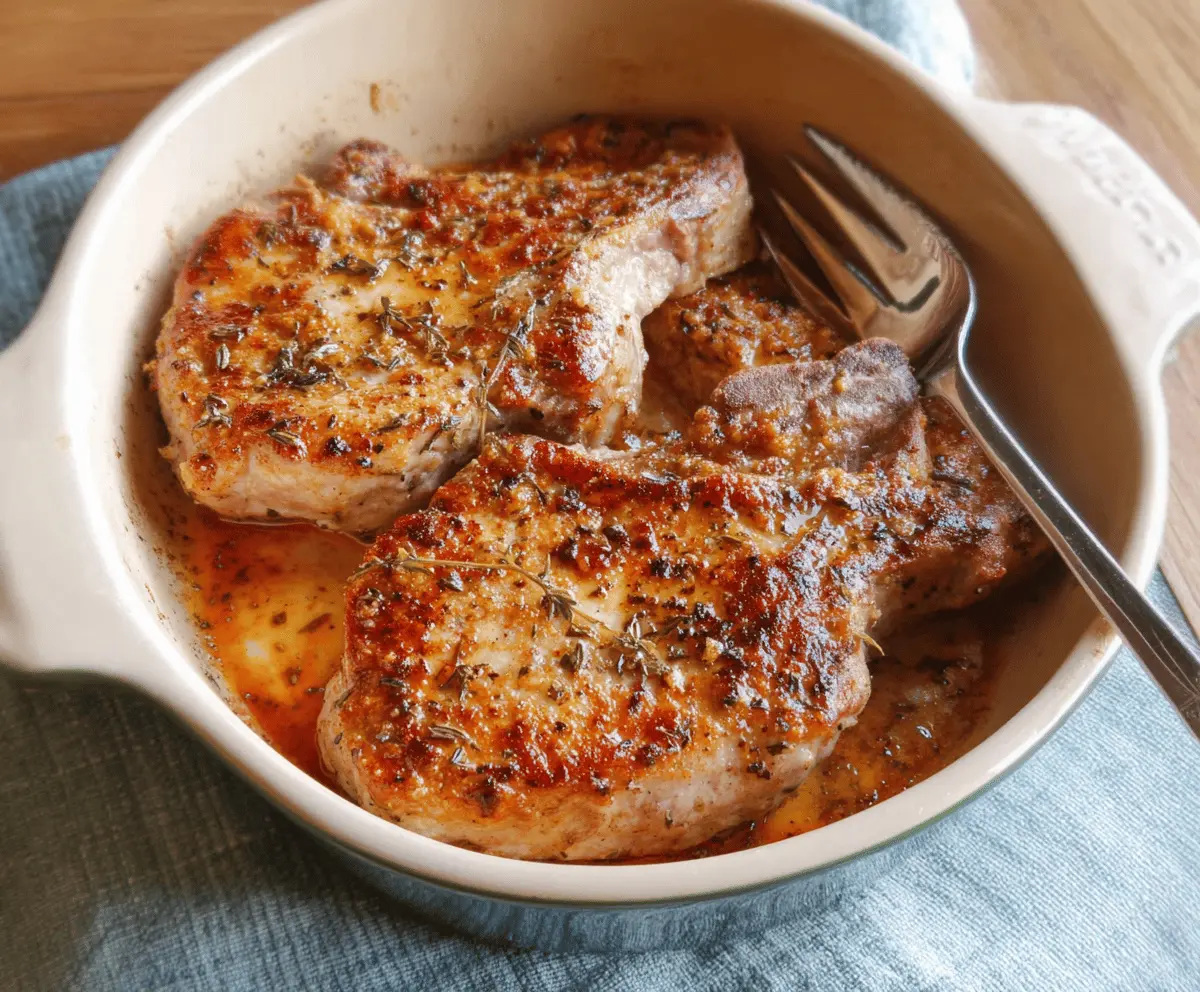 Juicy baked pork chops seasoned and cooked to perfection on a baking sheet, ready to serve.
