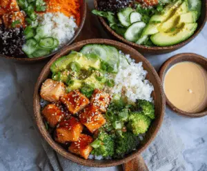 Delicious Bang Bang Salmon Bite Bowls featuring crispy salmon bites topped with spicy creamy sauce, served over rice with fresh vegetables for a flavorful seafood meal