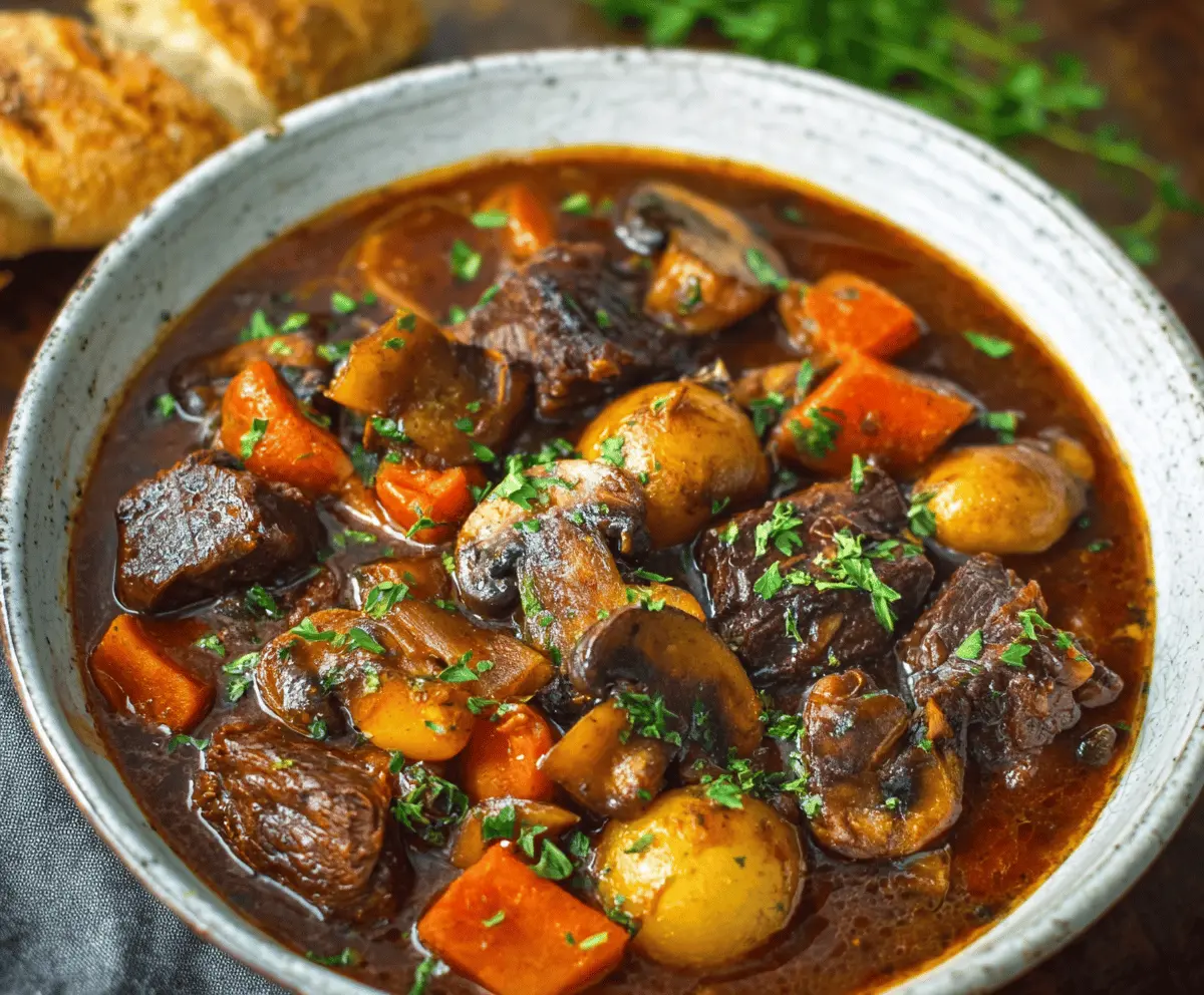 Hearty beef stew with tender mushrooms and vegetables in a rich broth, served in a rustic bowl.