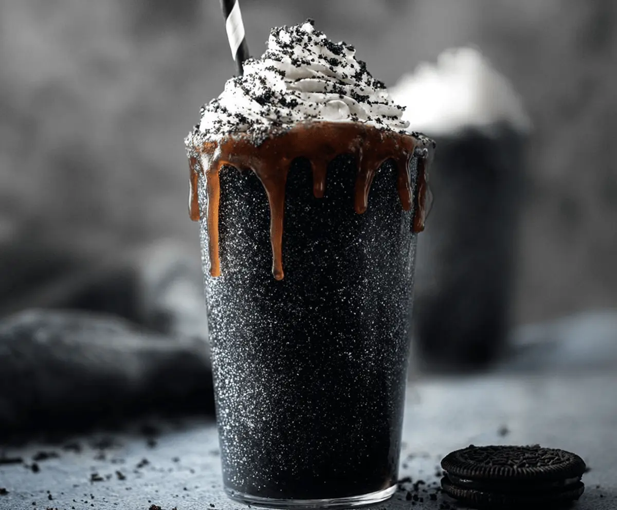 Creamy black milkshake topped with whipped cream and chocolate syrup in a clear glass, perfect for a delicious dessert treat.