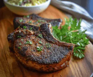 Juicy blackened pork chops cooked with bold spices, served on a plate with garnishes for a flavorful meal.