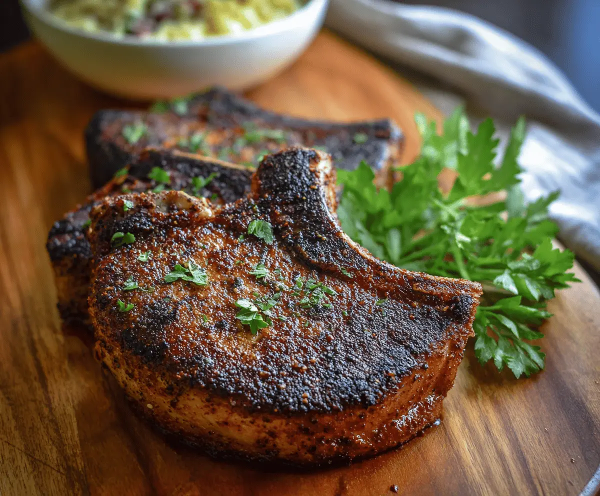 Juicy blackened pork chops cooked with bold spices, served on a plate with garnishes for a flavorful meal.