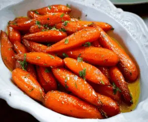 A close-up of tender orange carrots glazed with shiny brown sugar, garnished with fresh herbs for a delicious Brown Sugar Glazed Carrots side dish.