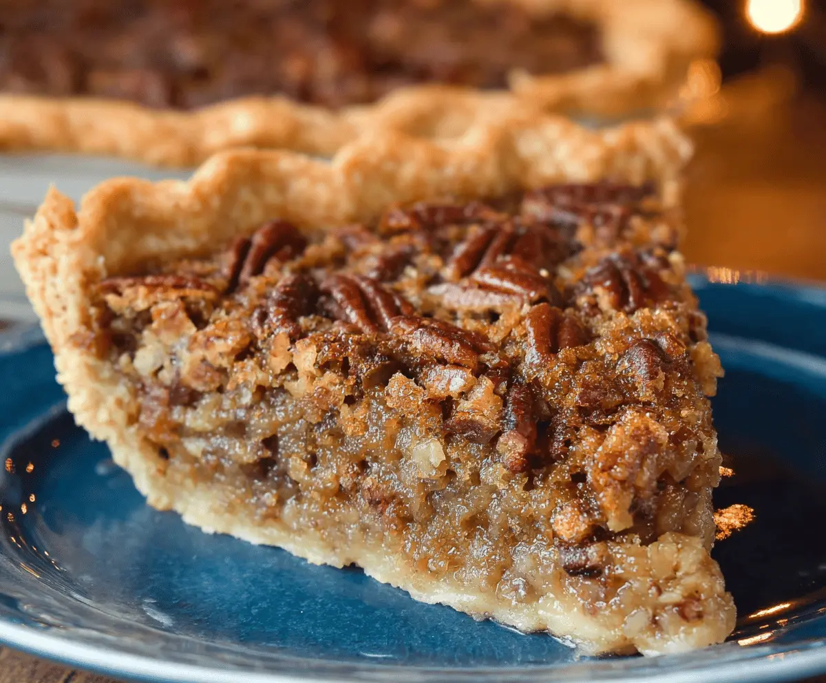 Delicious homemade brown sugar pecan pie topped with caramelized pecans on a rustic wooden table, perfect for dessert or holiday celebrations.