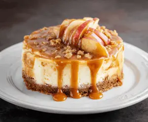 Delicious caramel apple cheesecake topped with caramel drizzle and apple slices, perfect for fall desserts