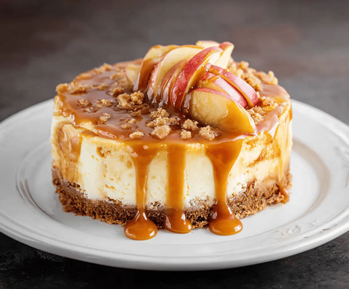 Delicious caramel apple cheesecake topped with caramel drizzle and apple slices, perfect for fall desserts