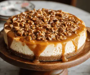 Delicious caramel pecan cheesecake with a creamy texture and crunchy pecan topping