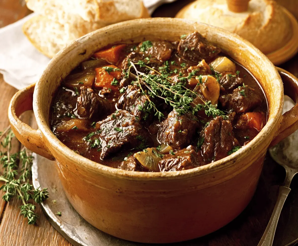 Savory Belgian Carbonnade Flamande in a rustic pot with tender beef, caramelized onions, and rich gravy, served with crusty bread