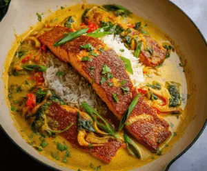 Delicious Caribbean Coconut Curry Salmon served with vibrant vegetables and rice, showcasing a flavorful tropical seafood dish