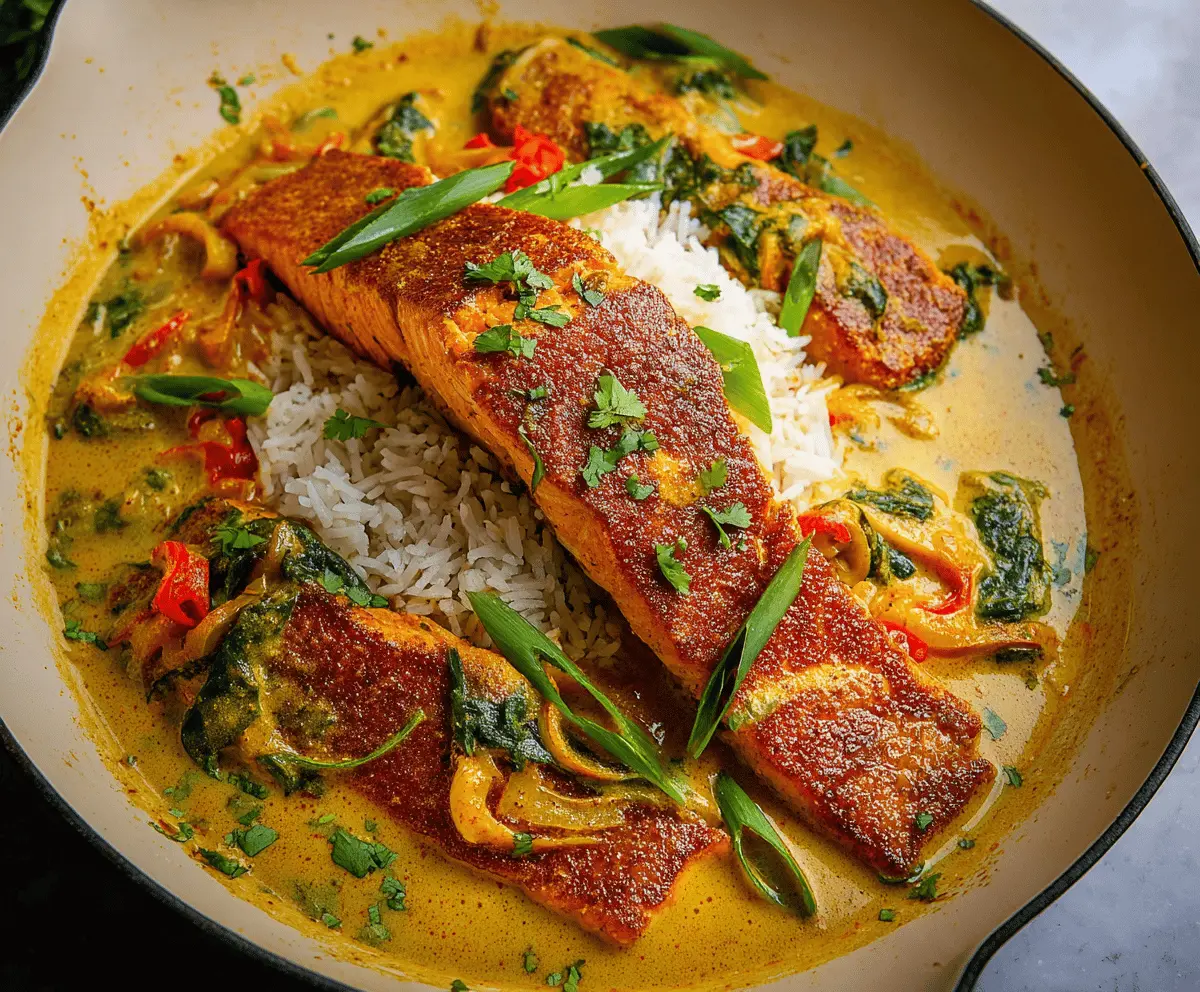 Delicious Caribbean Coconut Curry Salmon served with vibrant vegetables and rice, showcasing a flavorful tropical seafood dish