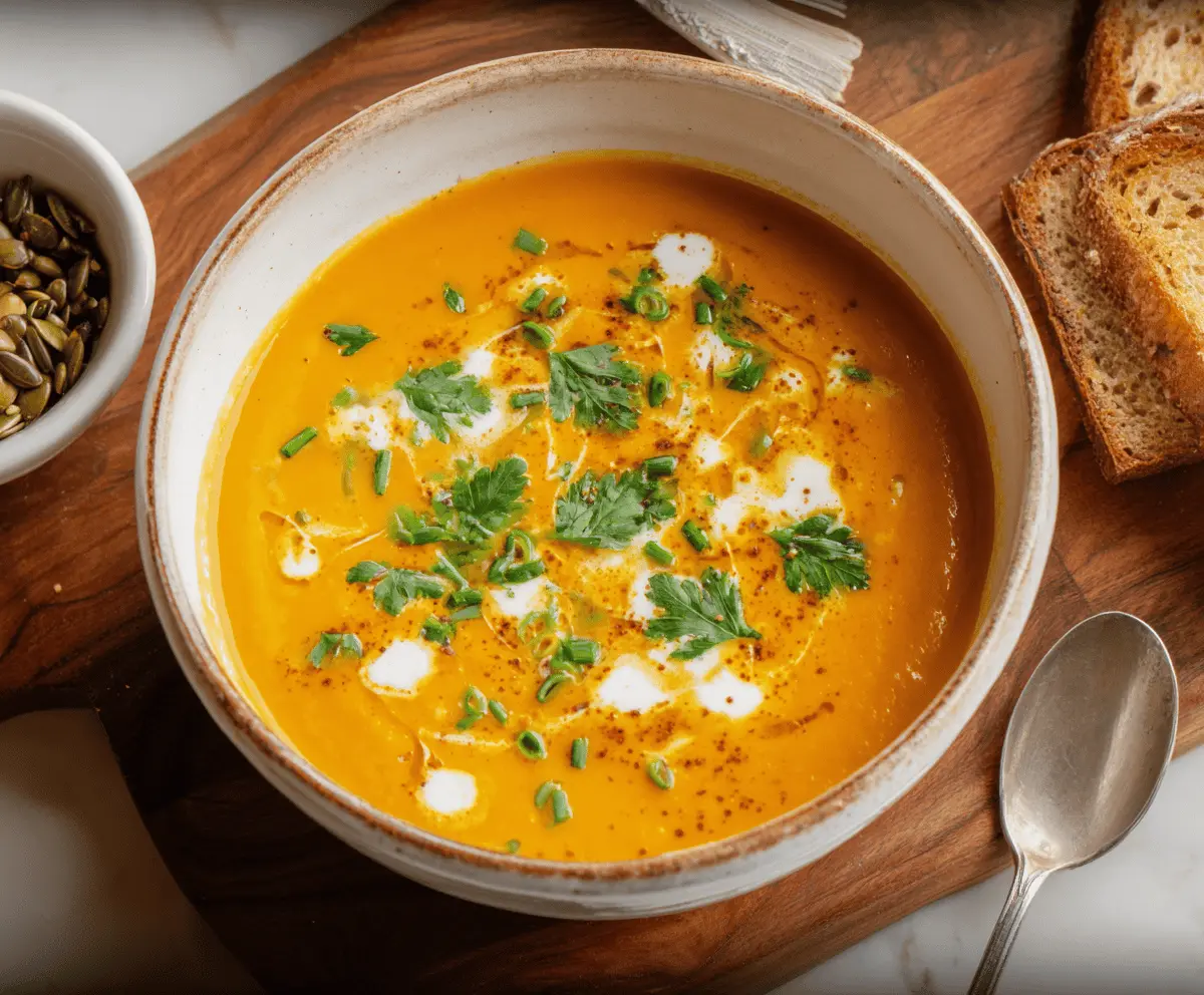 Creamy carrot ginger soup garnished with fresh herbs in a white bowl, served with crusty bread on a rustic wooden table.