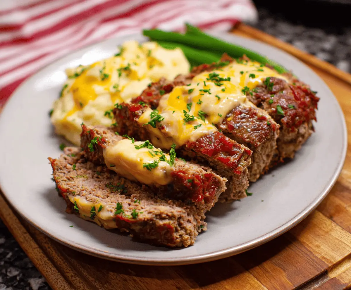 Delicious Cheddar-Stuffed Meatloaf topped with melted cheese and fresh herbs, ready to serve