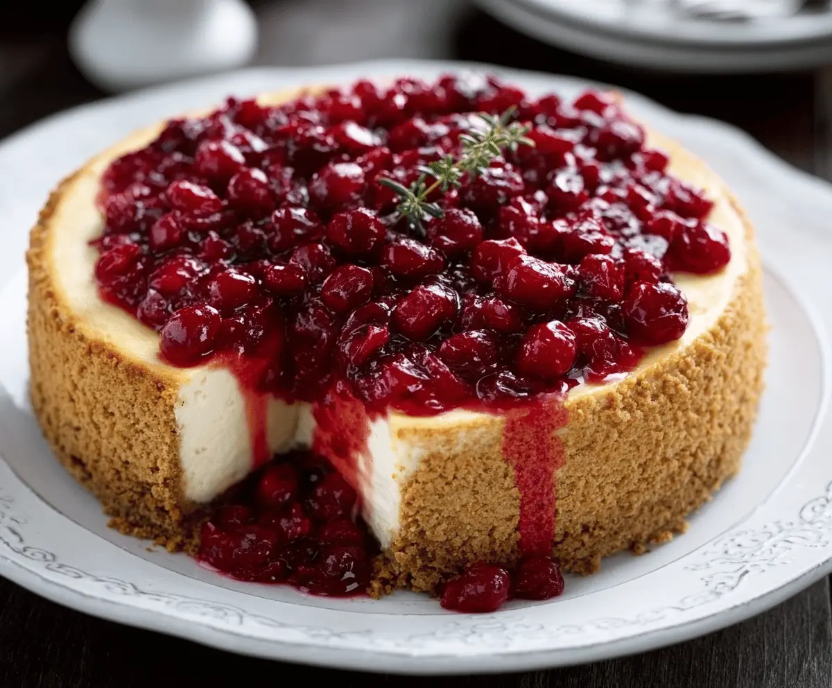 Creamy cheesecake topped with vibrant cranberry sauce, garnished with fresh cranberries and mint leaves for a delicious dessert.