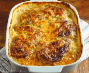 Creamy Cheesy Pork Chop Potato Casserole topped with melted cheese and crispy bacon, served in a baking dish